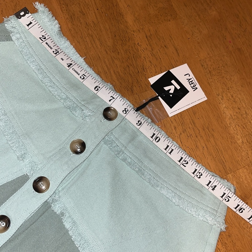 Very J Colorblock Sage Frayed Denim Button Mini Skirt Casual Womens Large - Picture 14 of 15